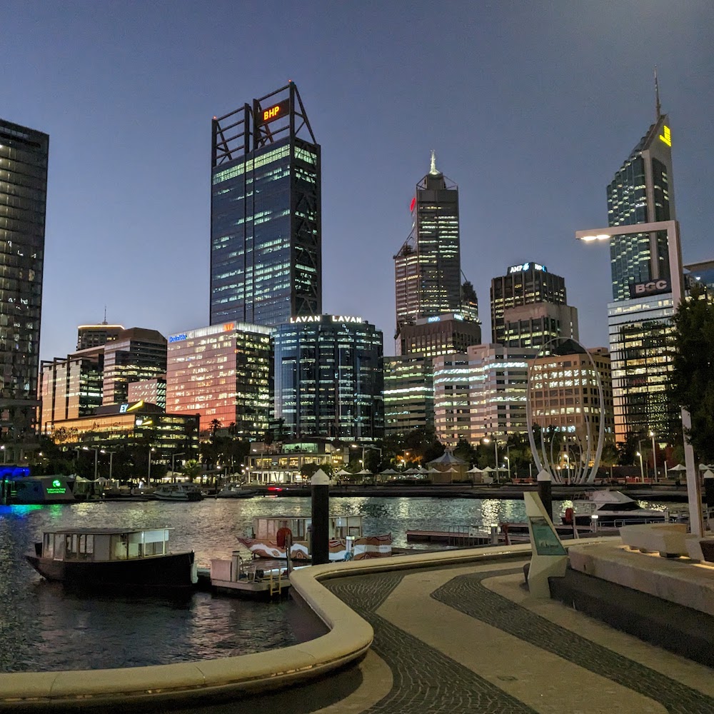 Elizabeth Quay skyline at sunset, Perth, WA